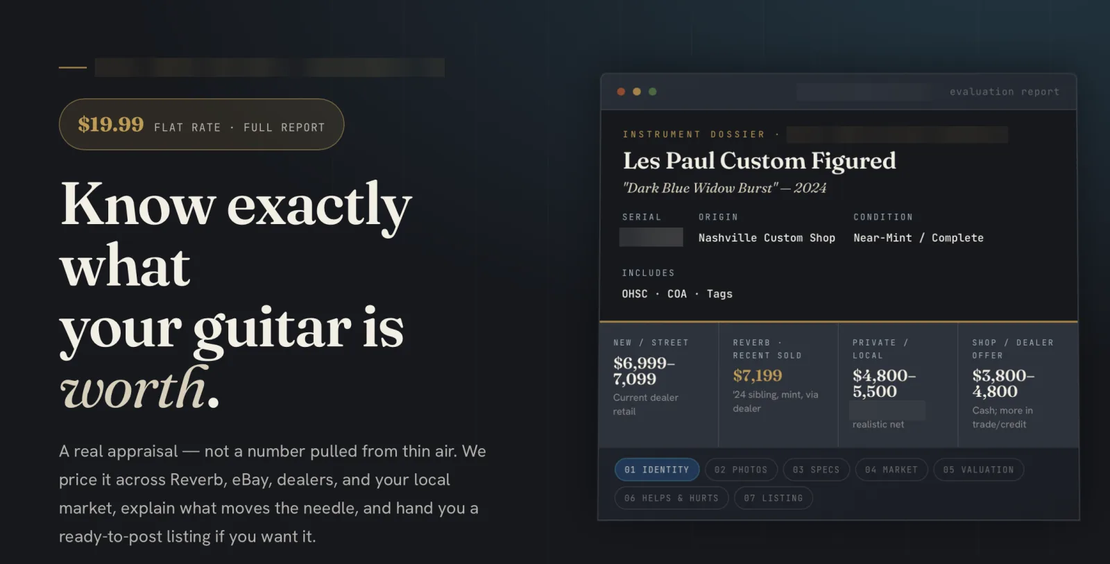 Offer page headed "Know exactly what your guitar is worth" with a $19.99 flat-rate badge and a sample report preview showing values across four sales channels.