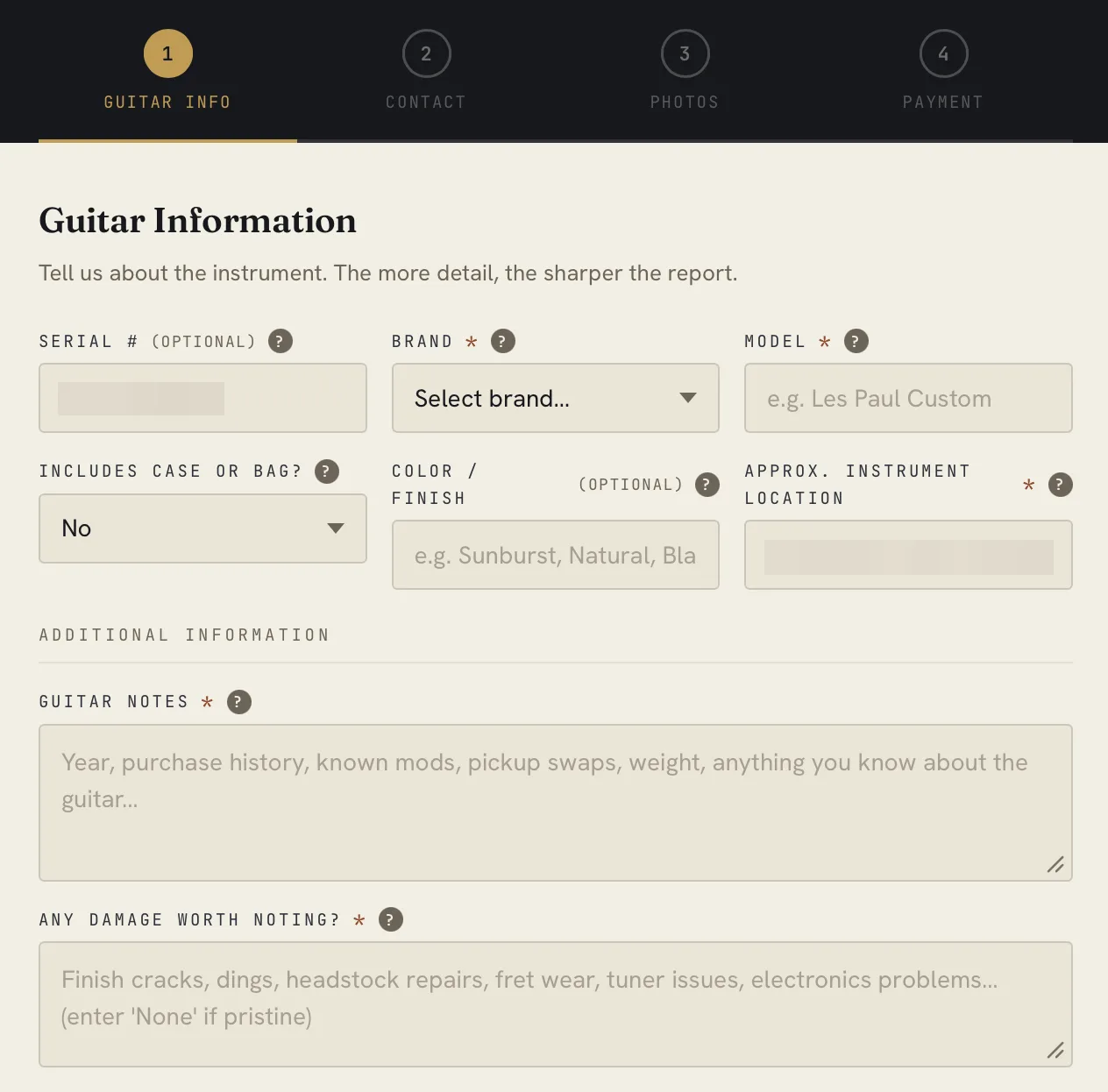 Step 1 of the four-step order wizard, with fields for serial number, brand, model, case, finish, location, notes, and damage.