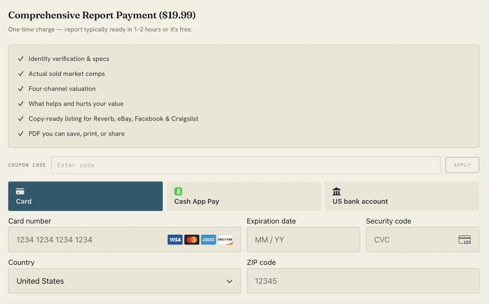 Payment step for the $19.99 report, promising it in 1–2 hours or it's free, with card, Cash App Pay, and US bank account options and a coupon field.