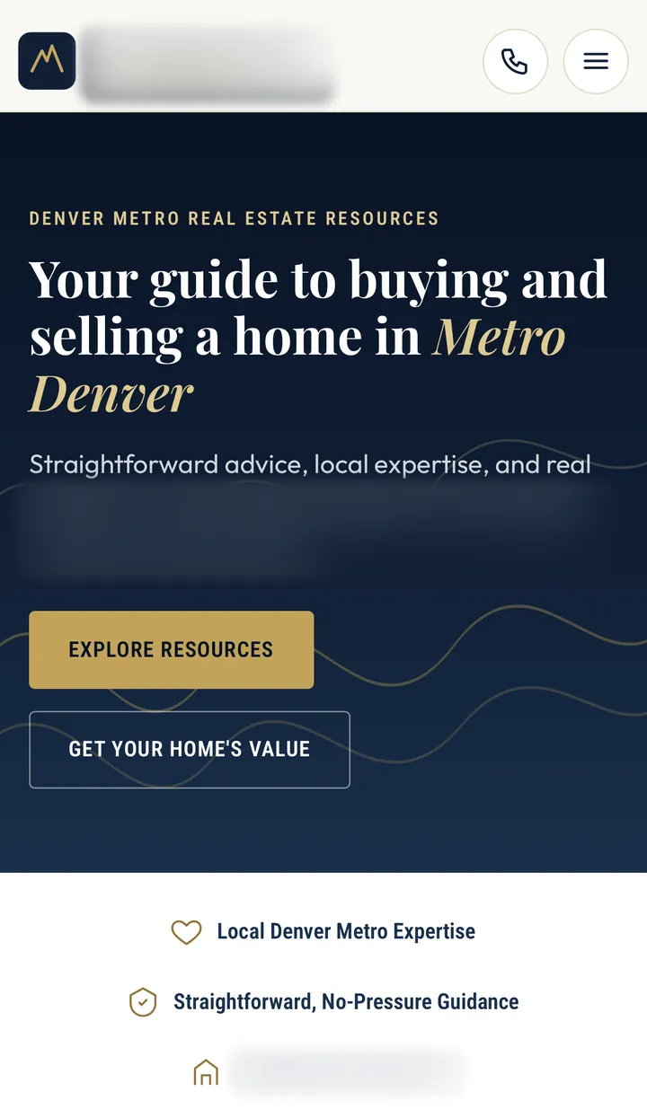 The same homepage on a phone, with a compact header holding call and menu buttons, the headline, and full-width buttons.