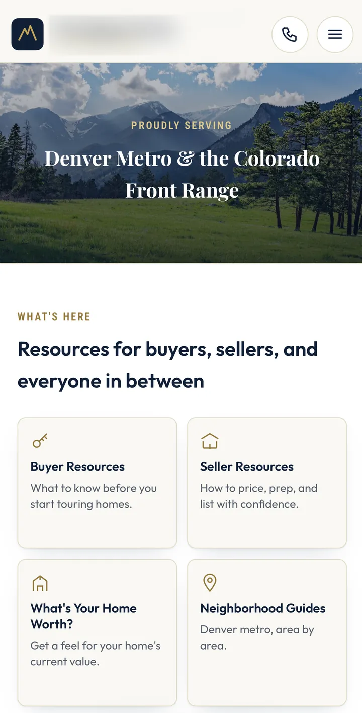 Further down on a phone: a mountain photo banner reading "Proudly serving Denver Metro and the Colorado Front Range" above a two-column grid of resource cards.